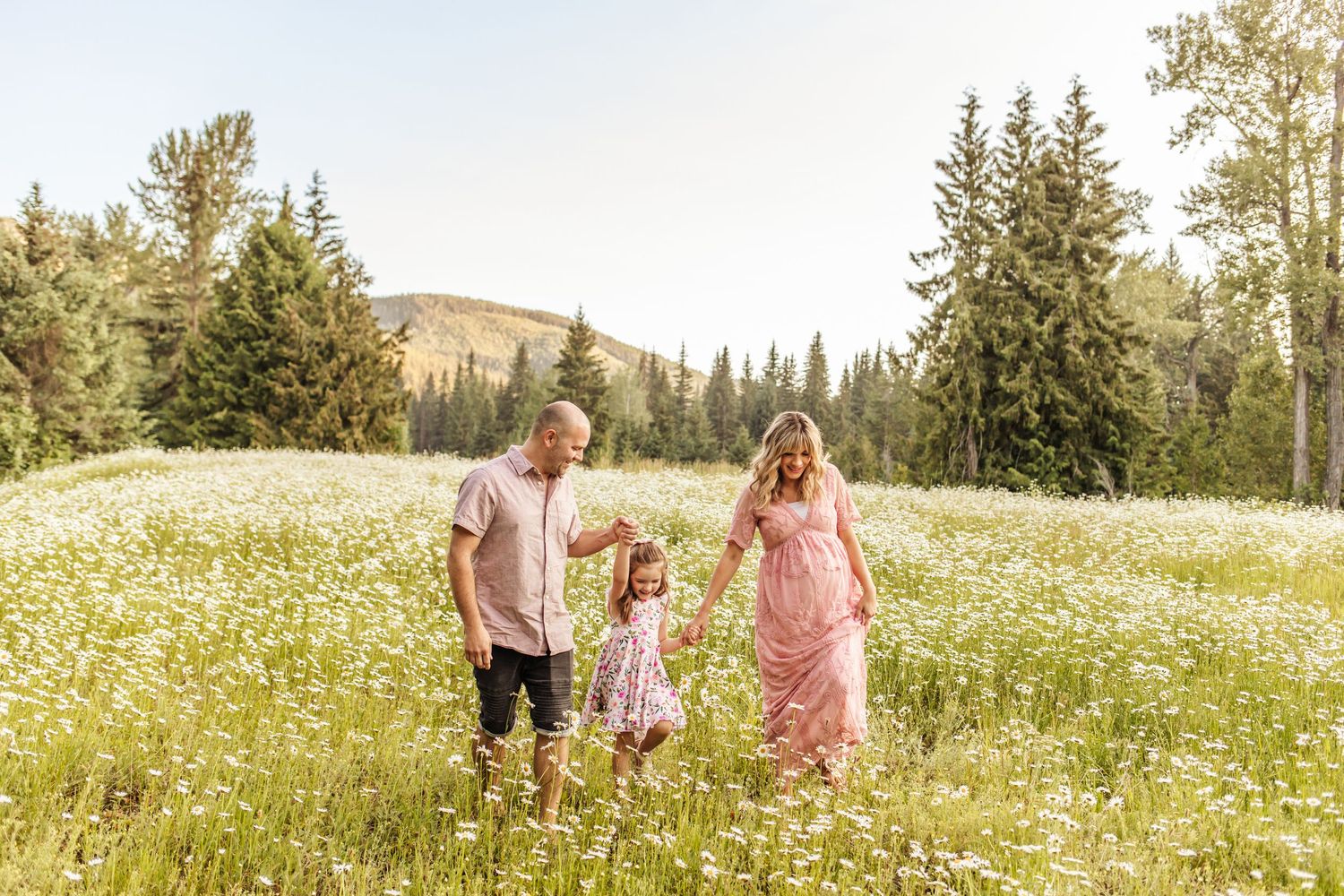 Gorgeous family photo of mom, dad and daughter walking through a field of daisies. Mom is wearing long pink gown and is expecting a baby.