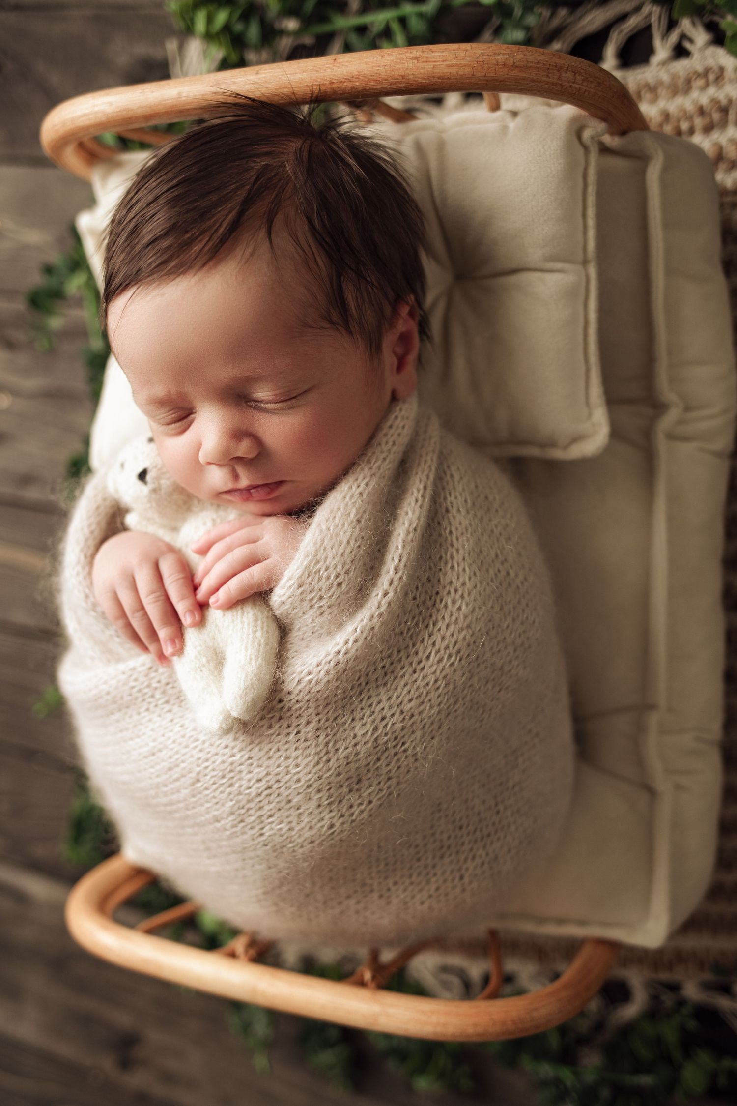 Newborn baby boy sleeping in a tiny rustic bamboo bed, holding a soft knit teddy bear during a Radium Hot Springs newborn session.