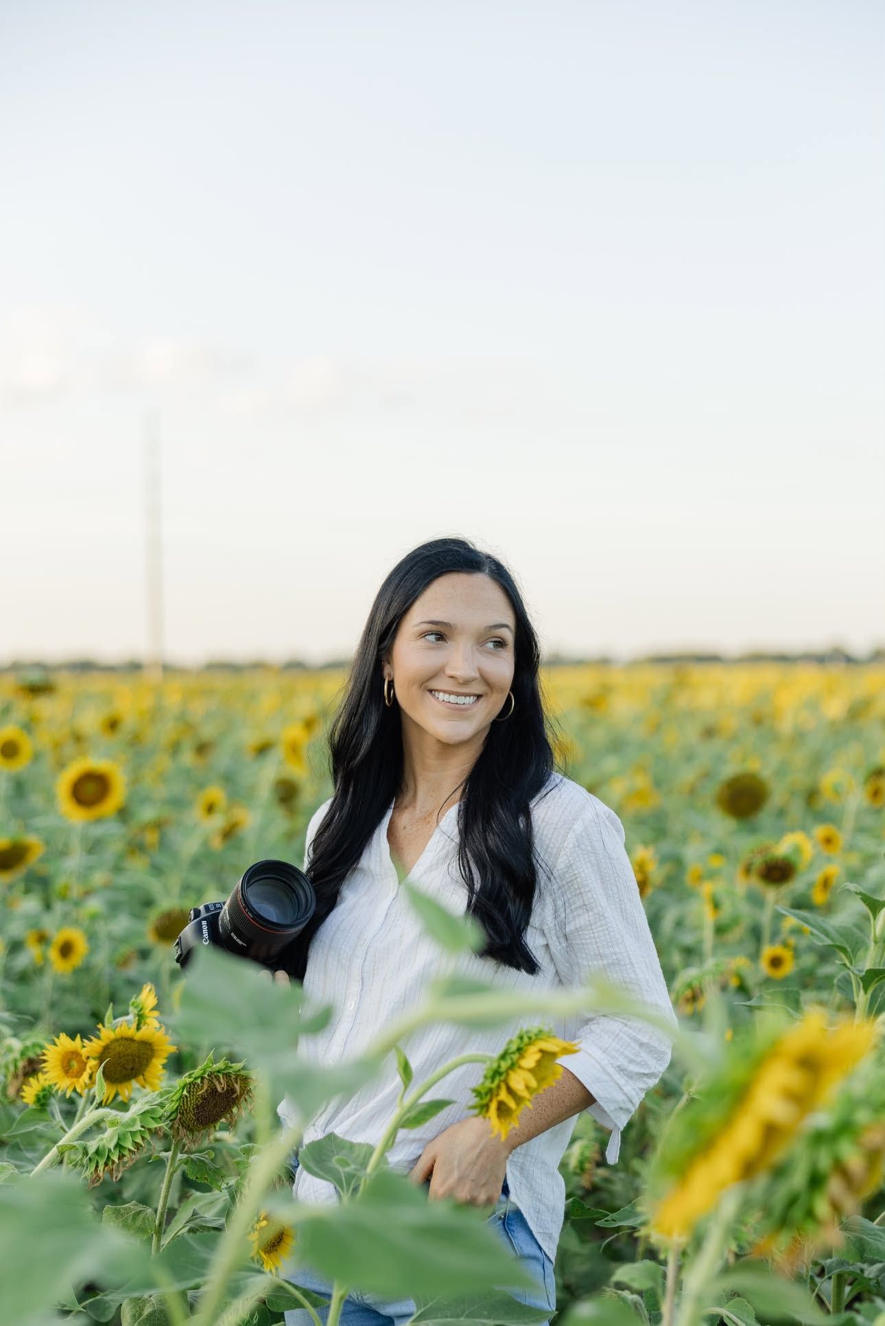 Happy dark-haired female photographer holding a camera while standing in a blooming sunflower field near Crowley.