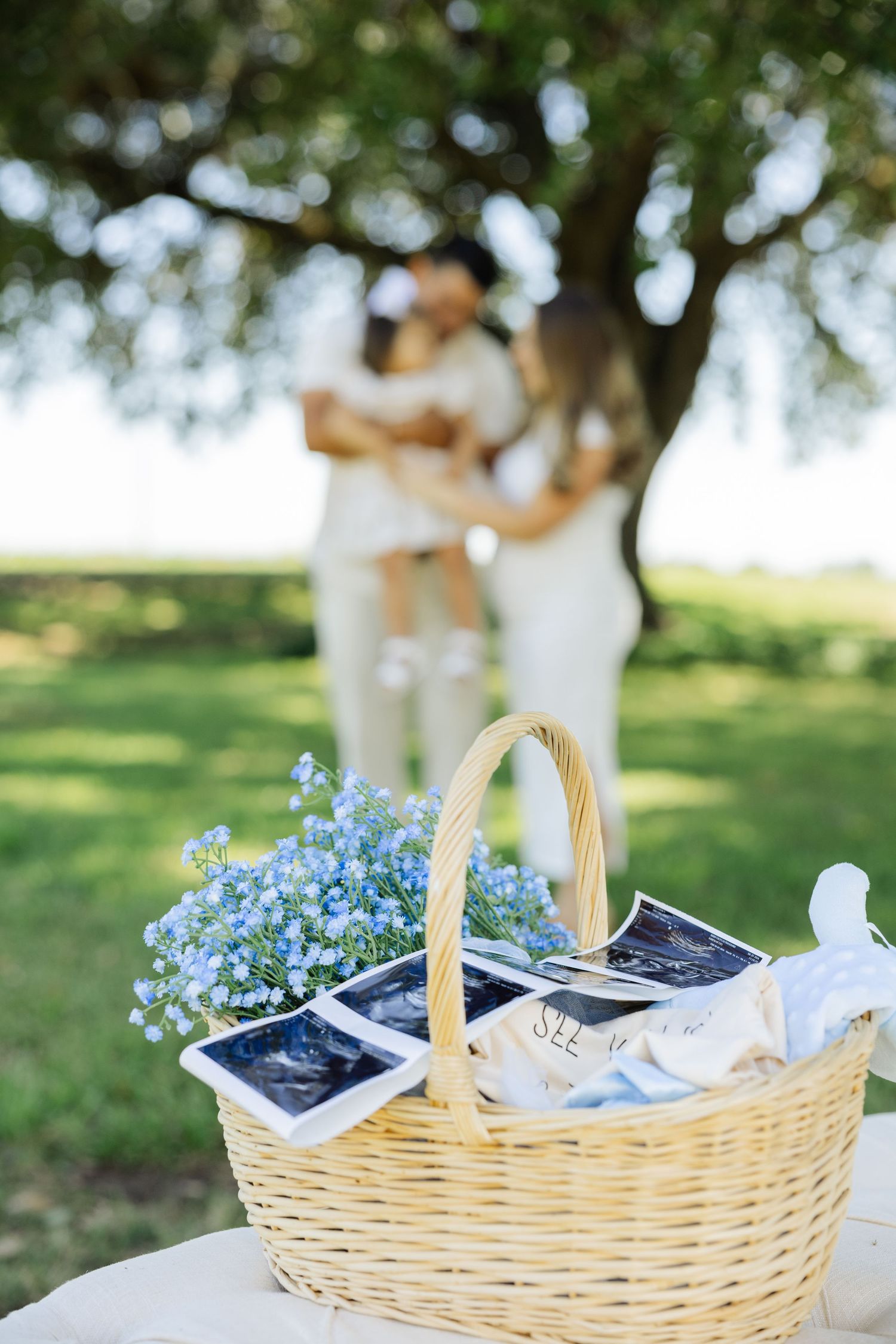 Wicker basket with ultrasound photos and blue flowers with family in background.