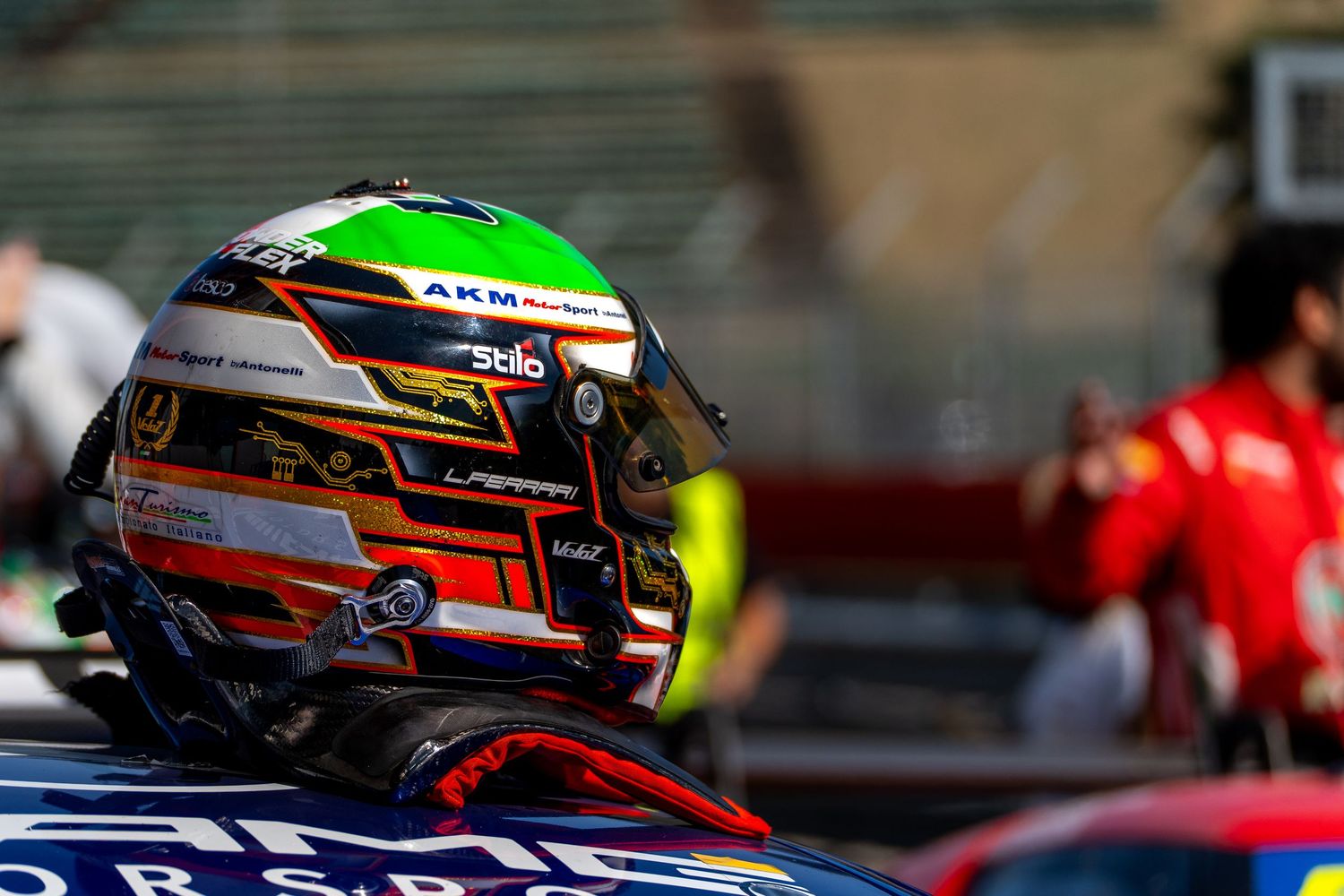 Close-up of a racing driver’s helmet during the CIGT Endurance at Imola.