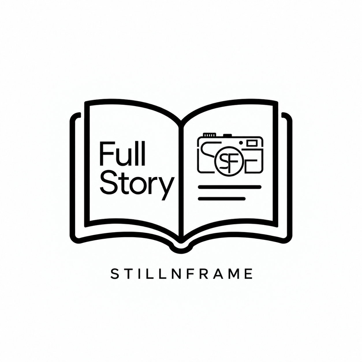 Black and white logo of an open book with Full Story text and a camera icon on the facing page, above the word STILLNFRAME.