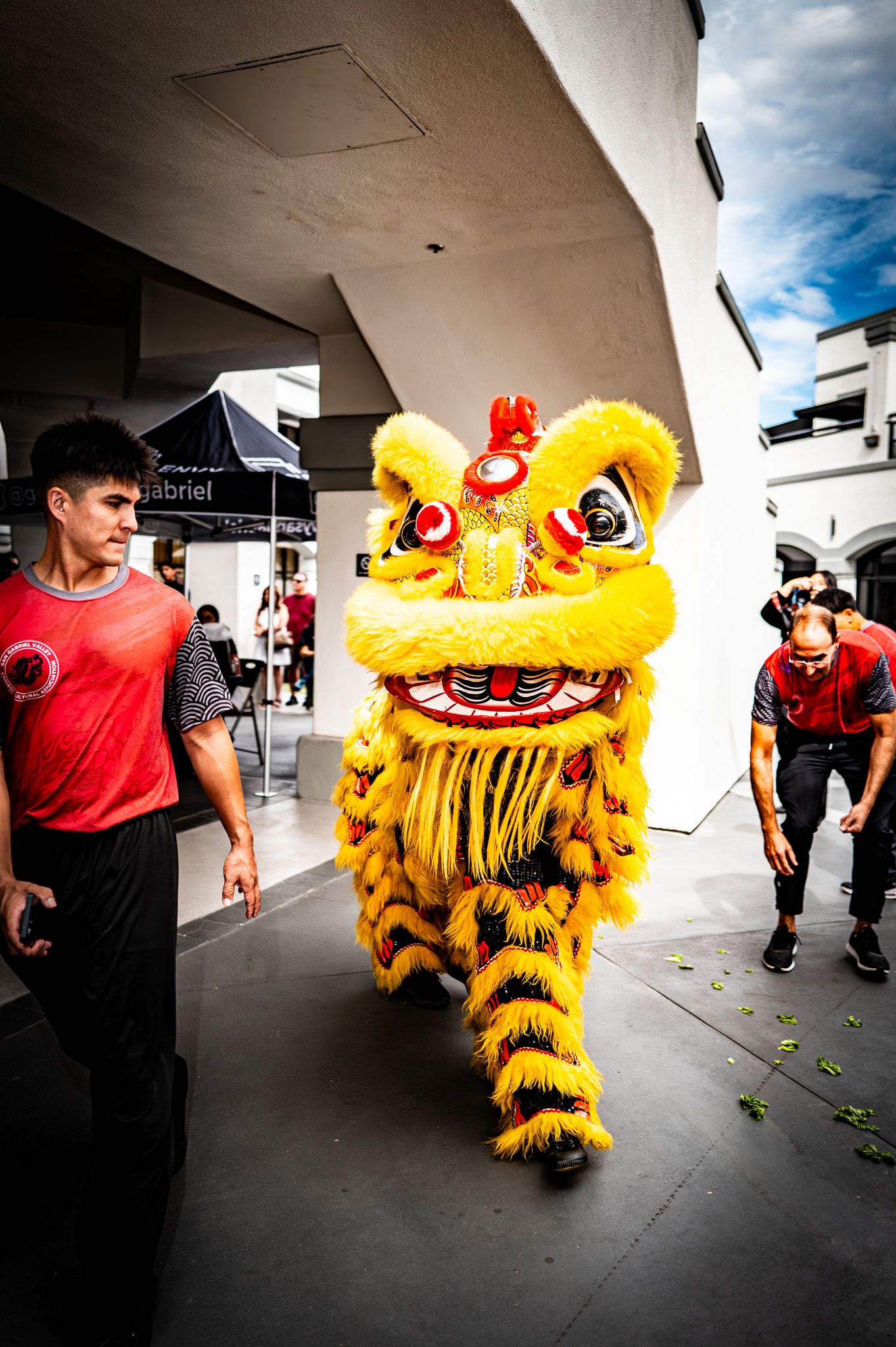 A yellow and red Chinese lion dance costume performs outdoors as a young man in a red shirt watches during a festive celebration.