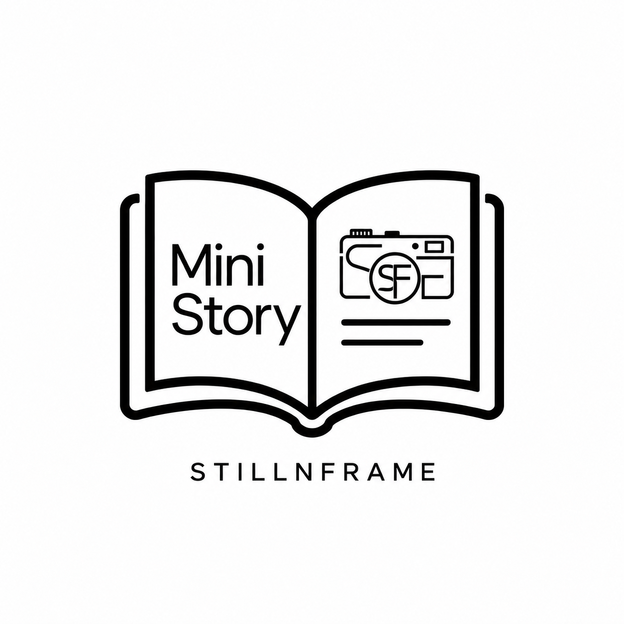 Black line-art logo of an open book labeled Mini Story with a camera icon and text lines, above the brand name STILLNFRAME.