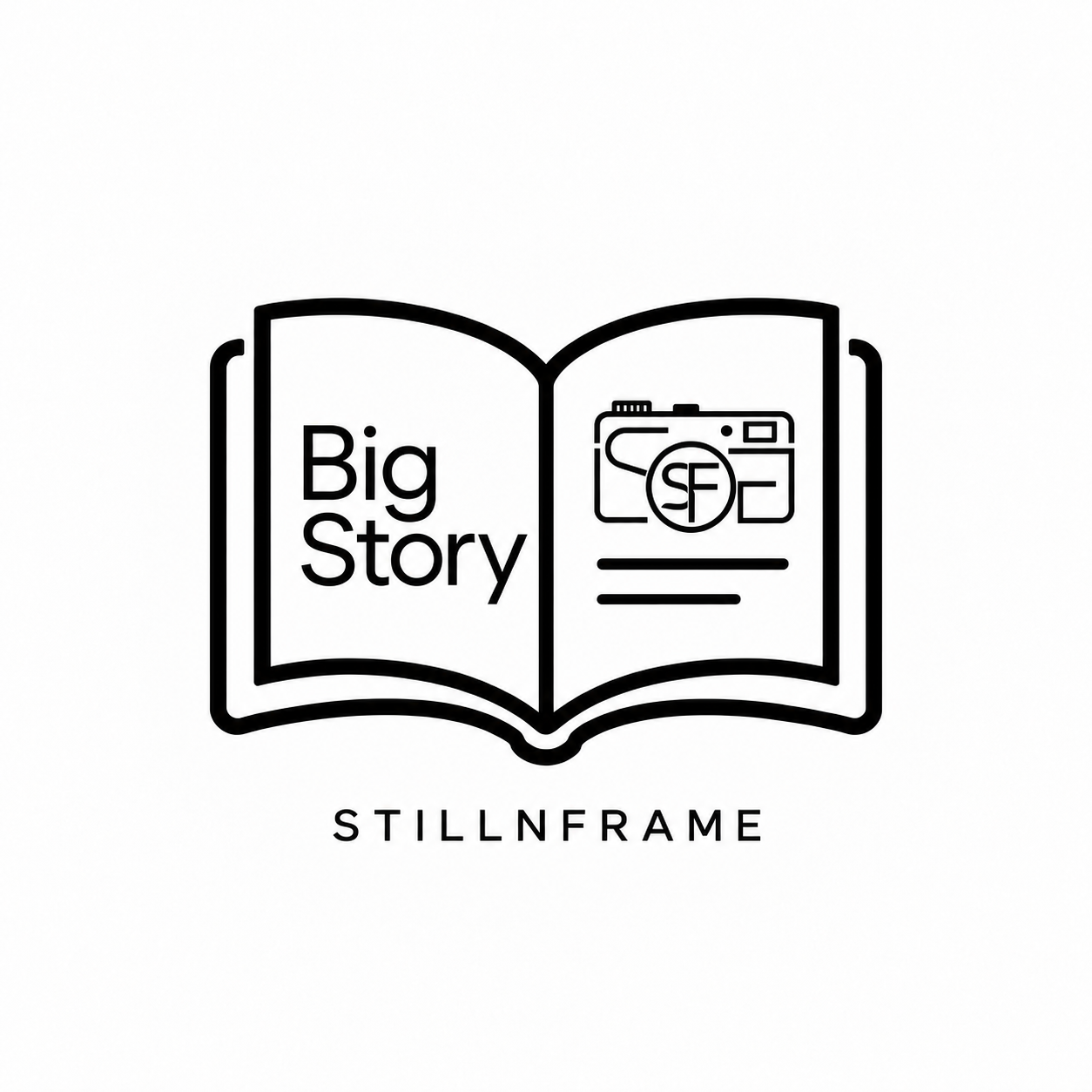 Black and white Big Story logo of an open book with a camera icon on the right page and the text STILLNFRAME below.