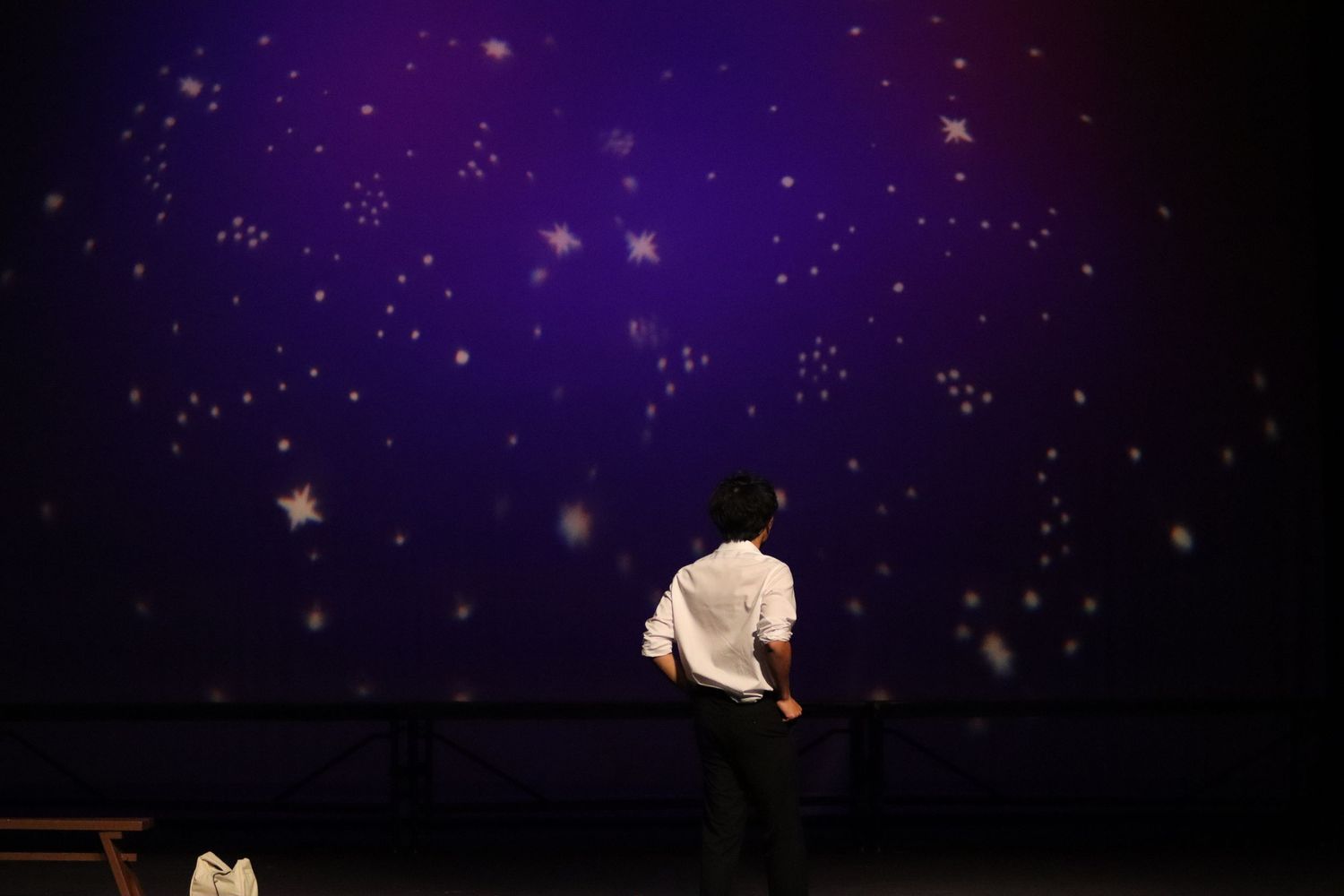 Performer stands alone before a stunning purple starry night backdrop on stage.