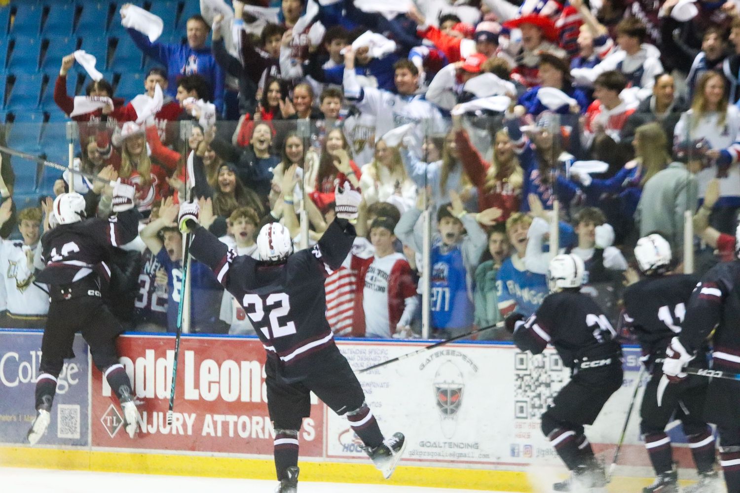 Hockey players celebrate a goal on ice as excited fans cheer in the packed arena stands.