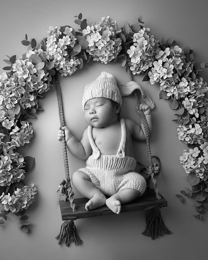 Sleeping newborn in knit romper and hat on tiny swing surrounded by flowers.