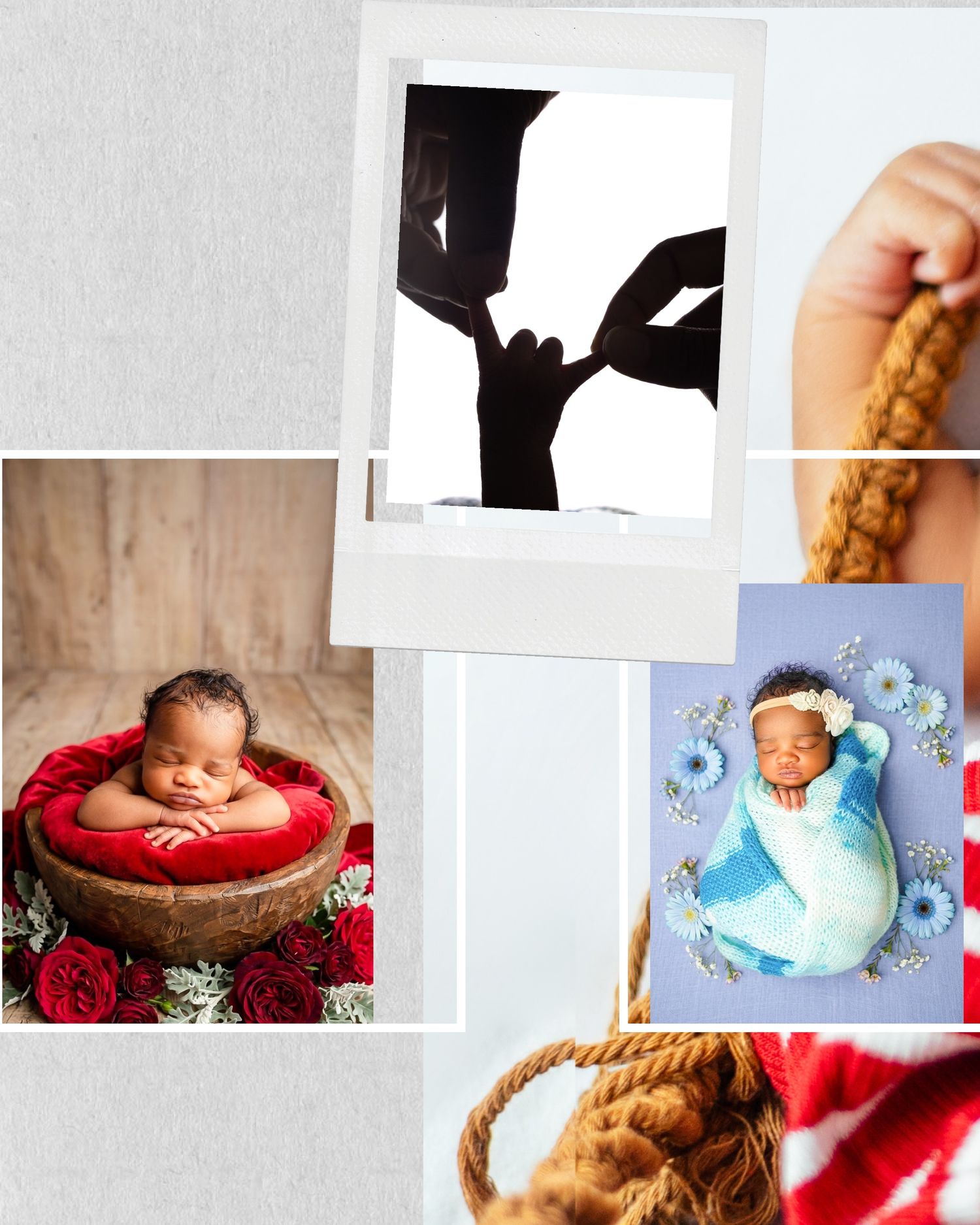 A newborn photography collage featuring sleeping babies in bowls, floral wraps, and a silhouette of hands holding a tiny infant.