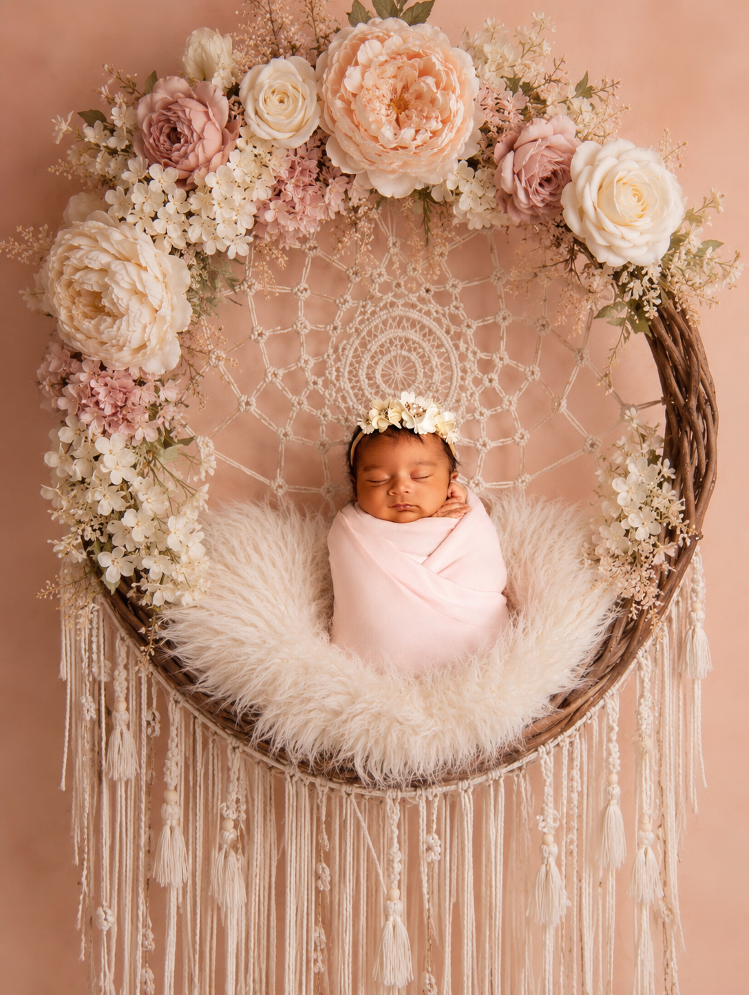 Newborn baby swaddled in pink, sleeping in a floral dreamcatcher with cream fur, roses, and macrame tassels.