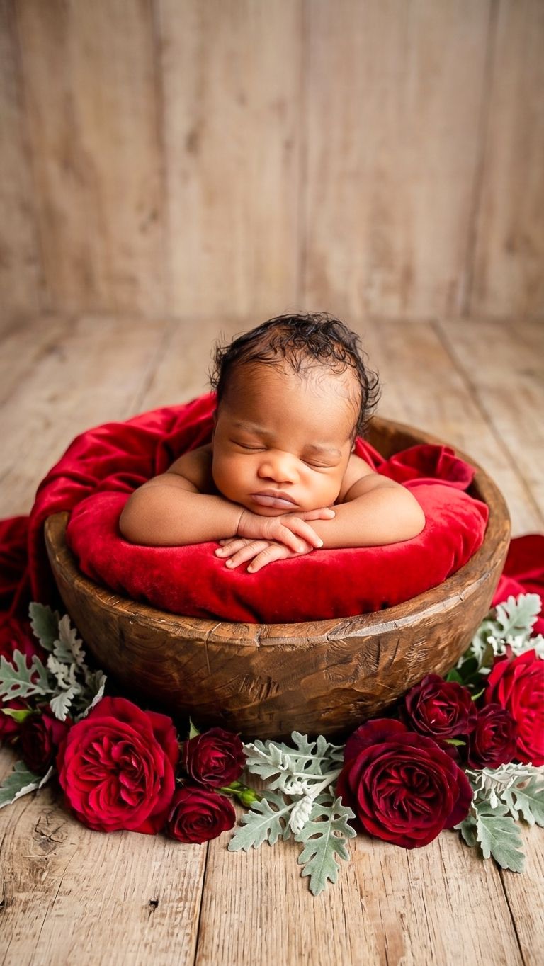 Sleeping newborn baby resting in a wooden bowl with red velvet cushion, surrounded by red roses and greenery.