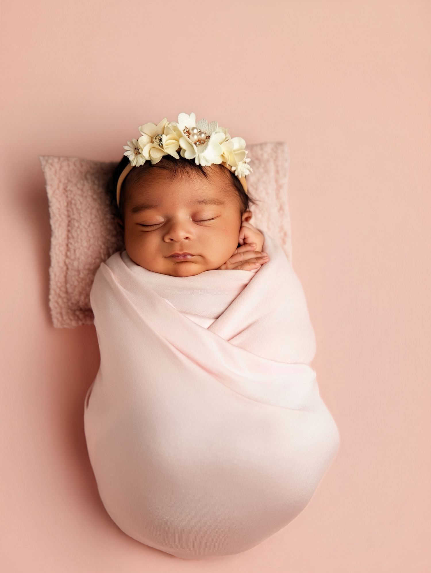 Sleeping newborn baby swaddled in pink wrap wearing a delicate white flower crown on a soft pink background.