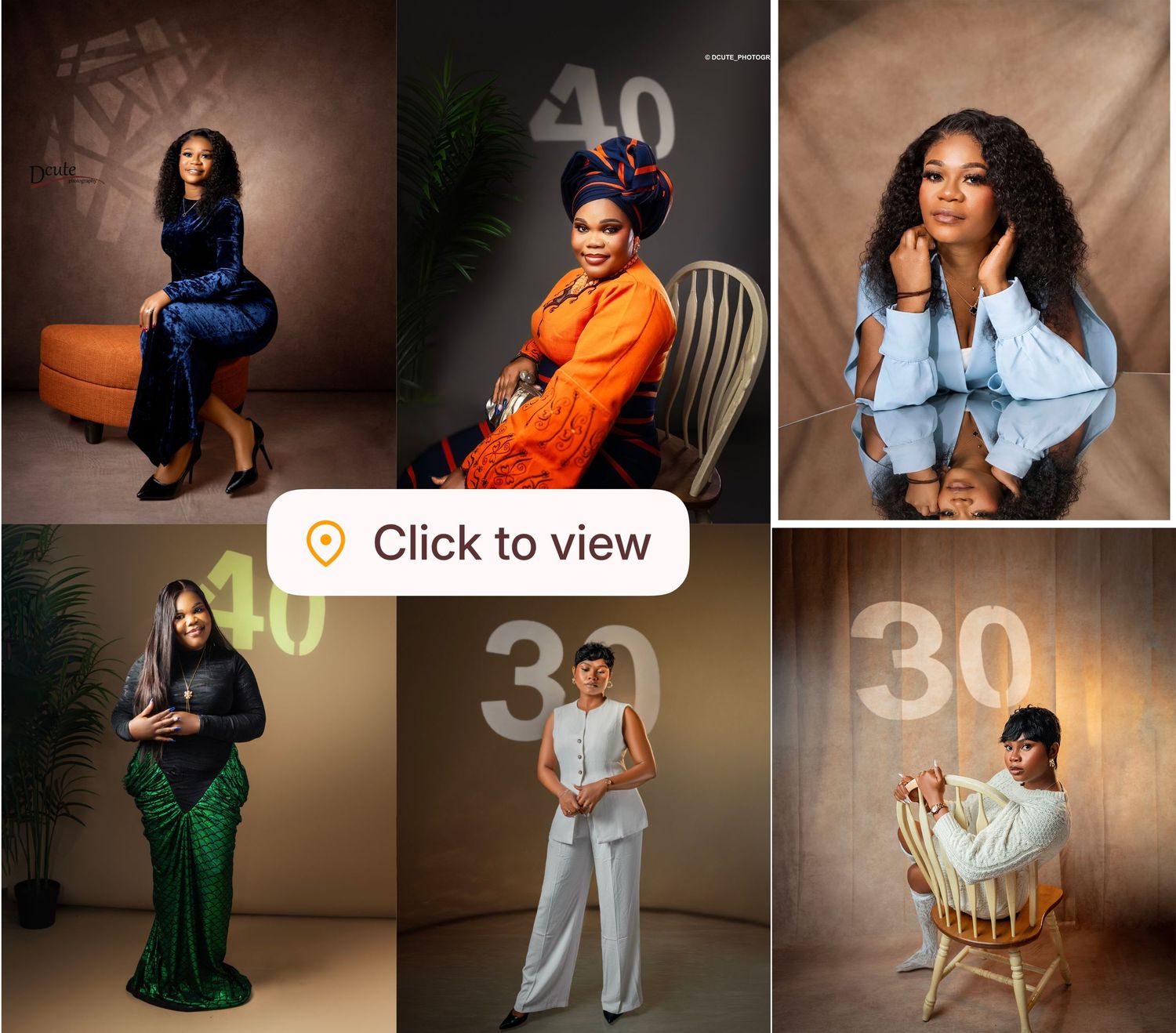 Six women in stylish attire celebrate milestone birthdays in a professional photo collage with family photoshoot session price