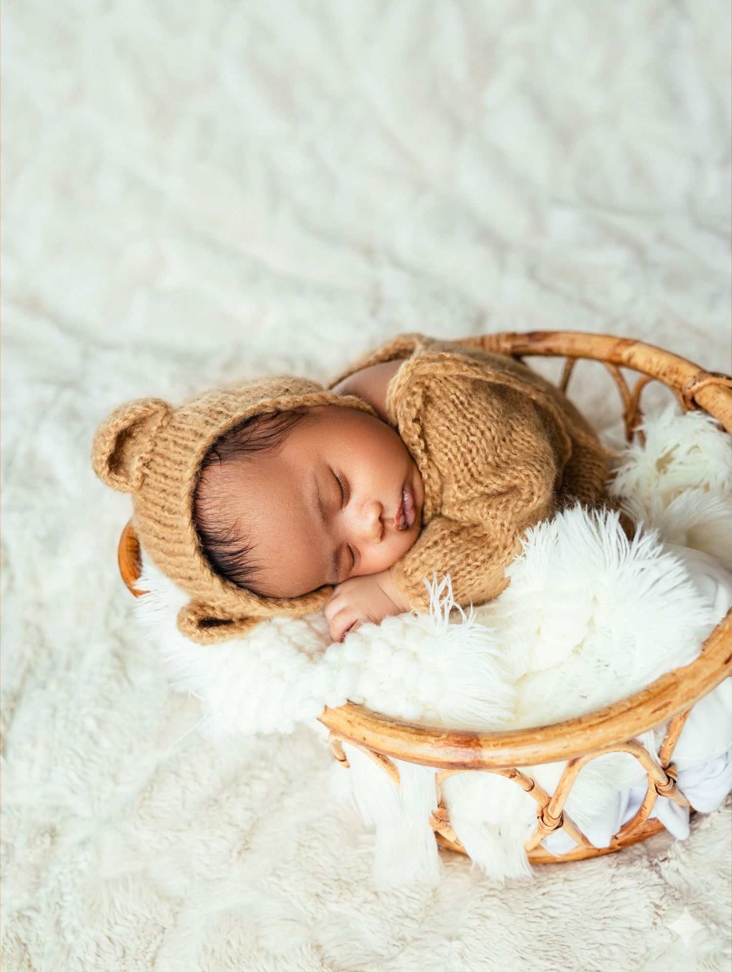 Sleeping newborn in brown bear knit hat resting in wicker basket with white fur.