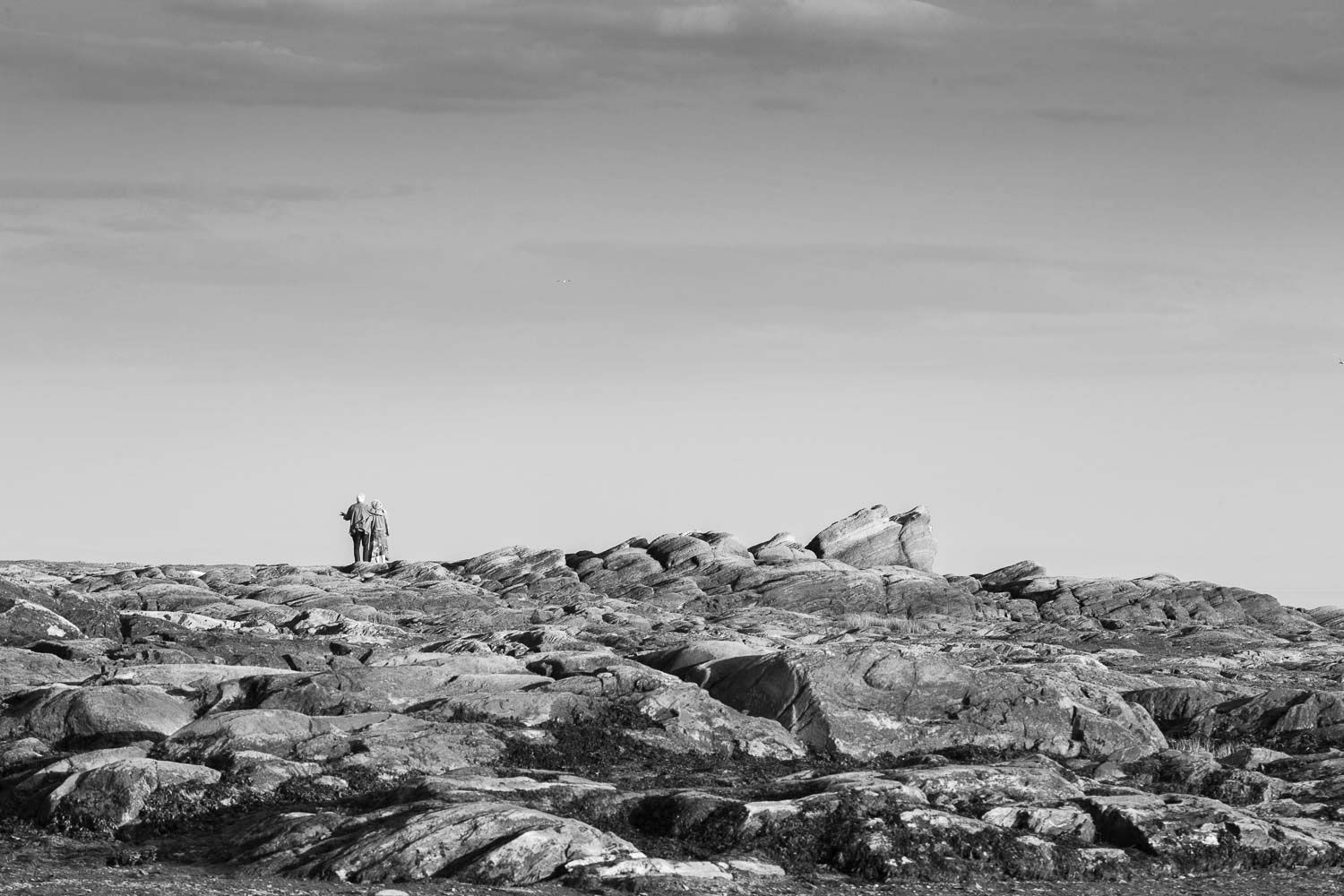 Black and white photo of two people standing on a vast rocky terrain under an overcast sky.