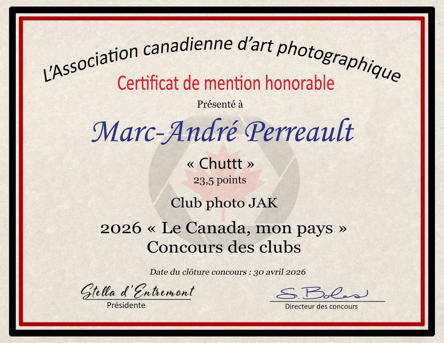 Certificat de mention honorable de l'Association canadienne d'art photographique pour Marc-André Perreault, Club photo JAK, 2026.