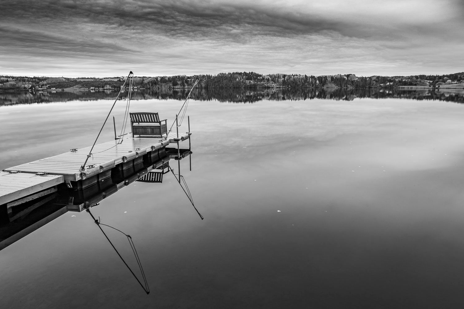 Quai sur un lac avec banc
Black and white photo of a wooden dock extending into a calm reflective lake with trees on the distant shoreline.