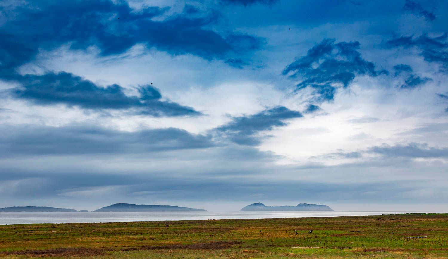 Vast open tundra landscape under dramatic blue sky with distant hills and scattered clouds.