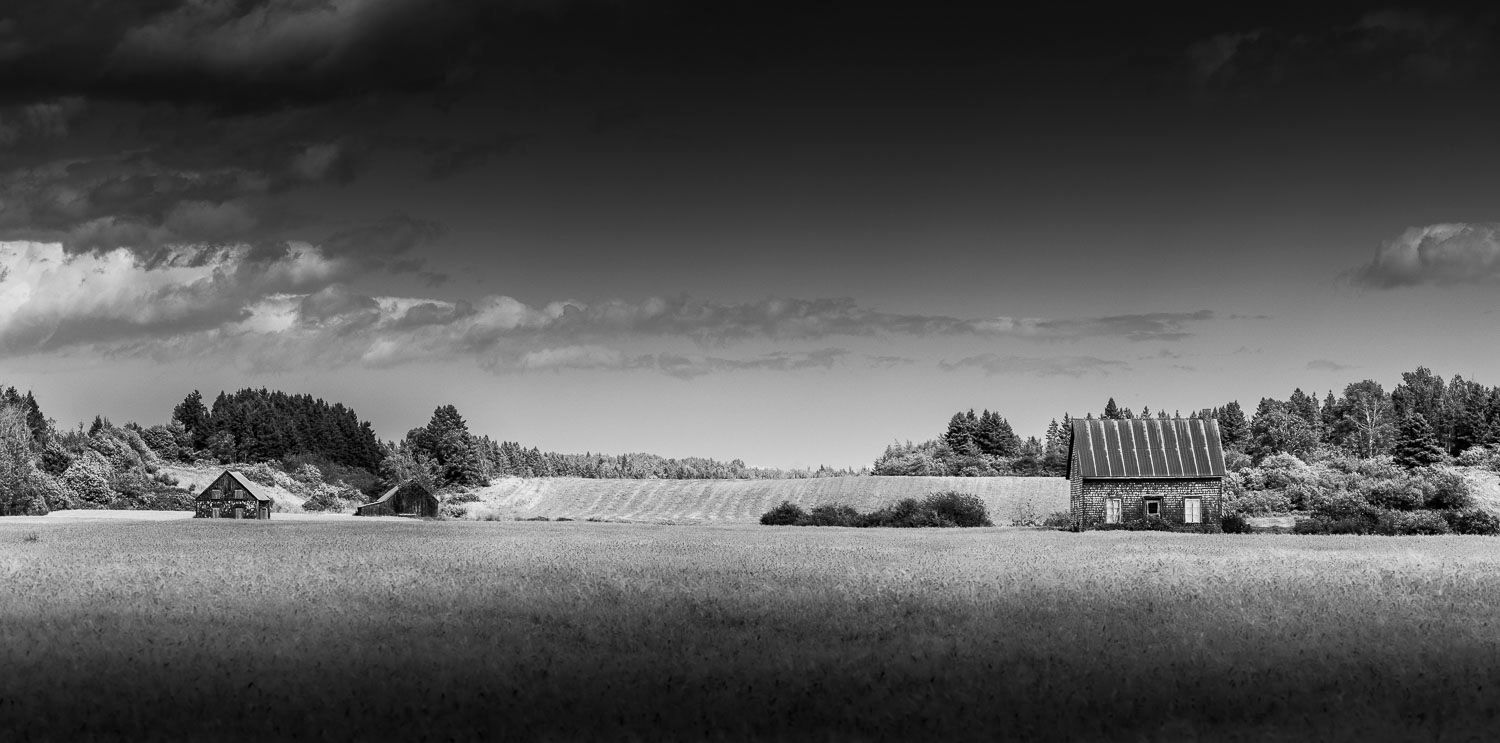 Vielles maisons, Isle-aux-co
Black and white panoramic rural landscape with farm buildings, greenhouse, and trees under dramatic cloudy sky.