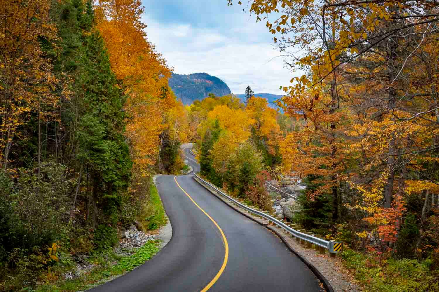 Winding autumn road through vibrant orange and yellow fall foliage with mountain backdrop.