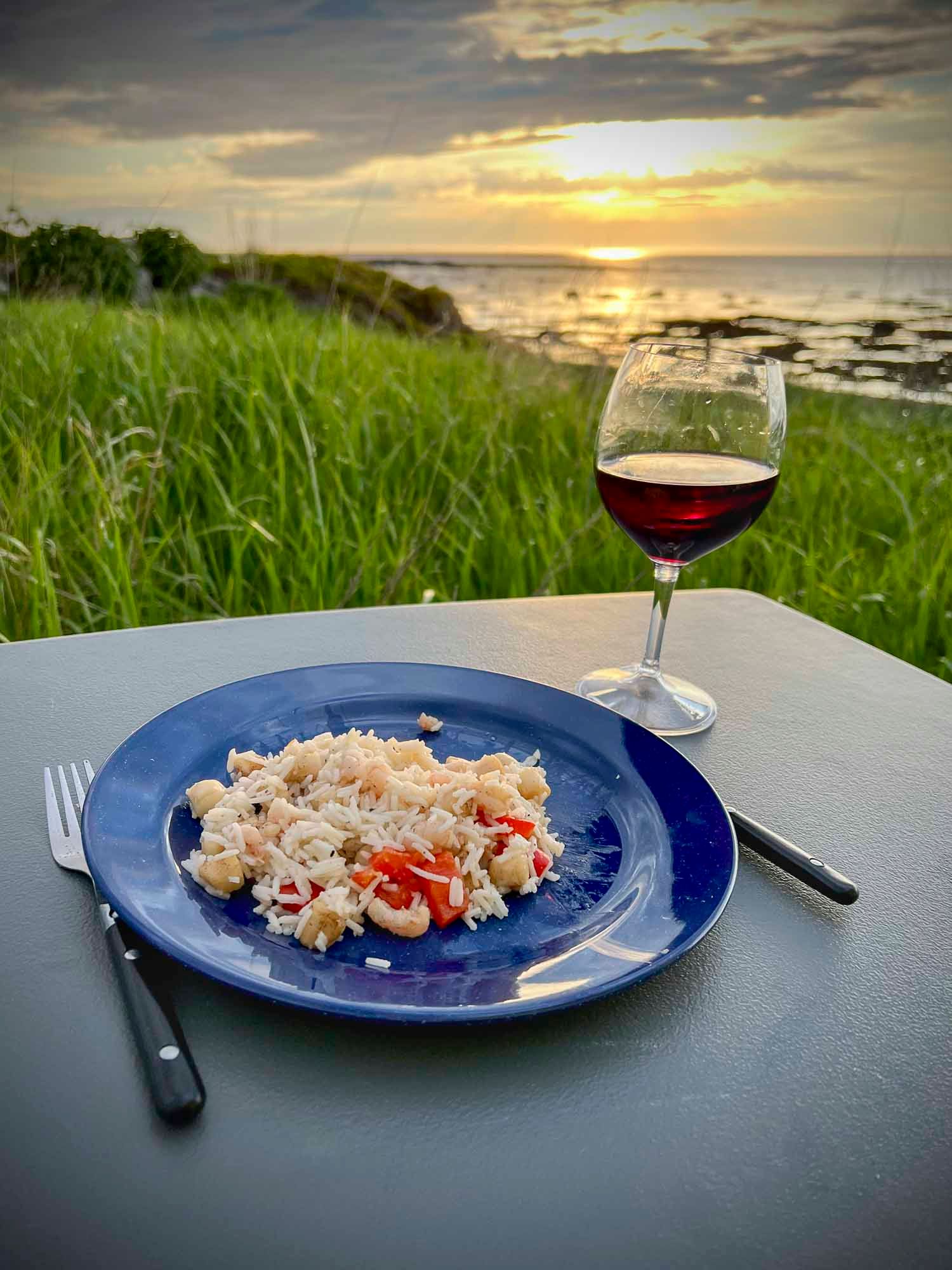 Shrimp pasta on blue plate with red wine at sunset over coastal meadow and ocean.