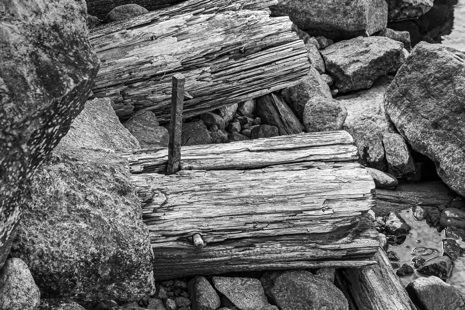 Black and white close-up of weathered, layered driftwood planks with a rusty nail among rocky shoreline debris.