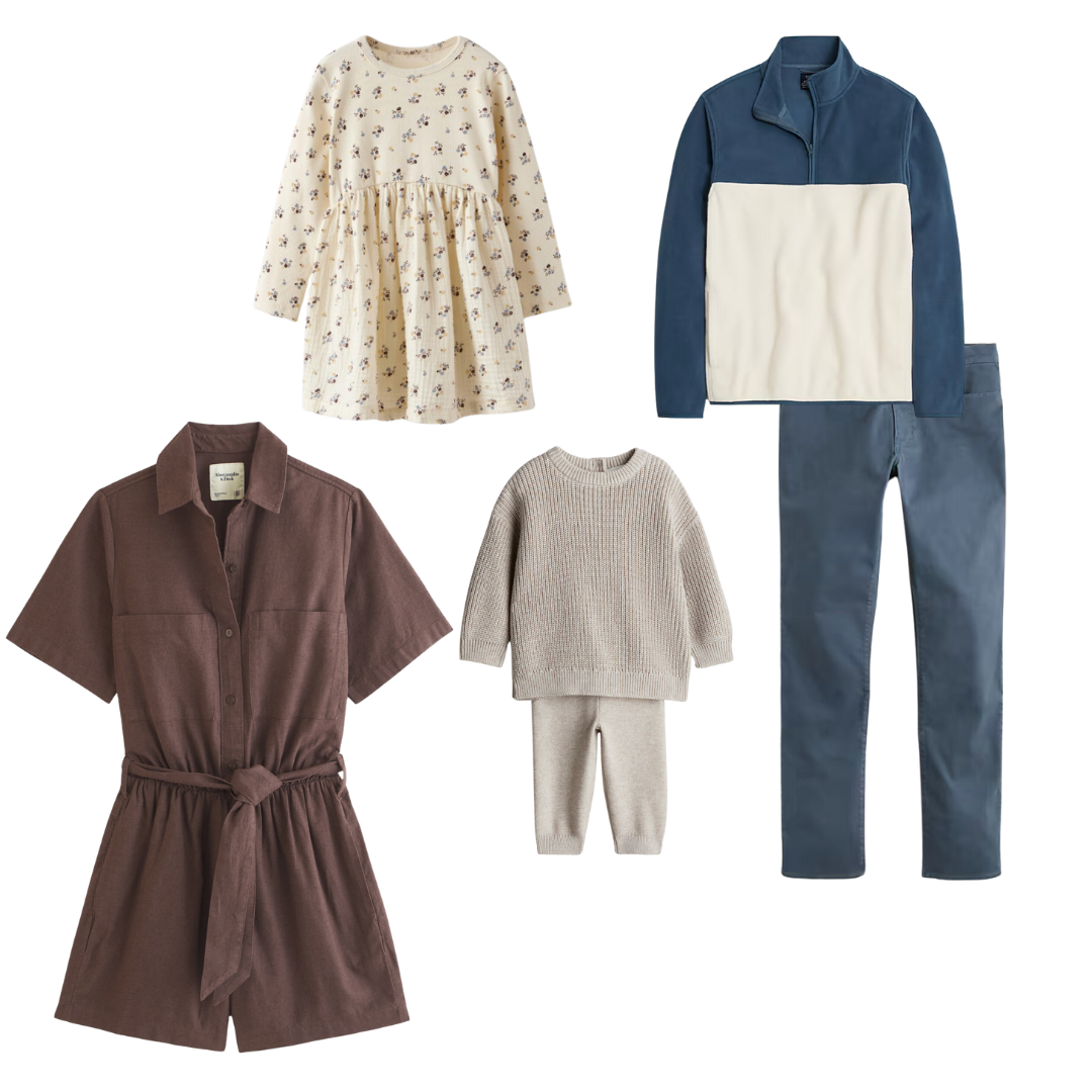 A coordinated set of casual clothing featuring dresses, jumpsuits, and loungewear in beige and blue tones.