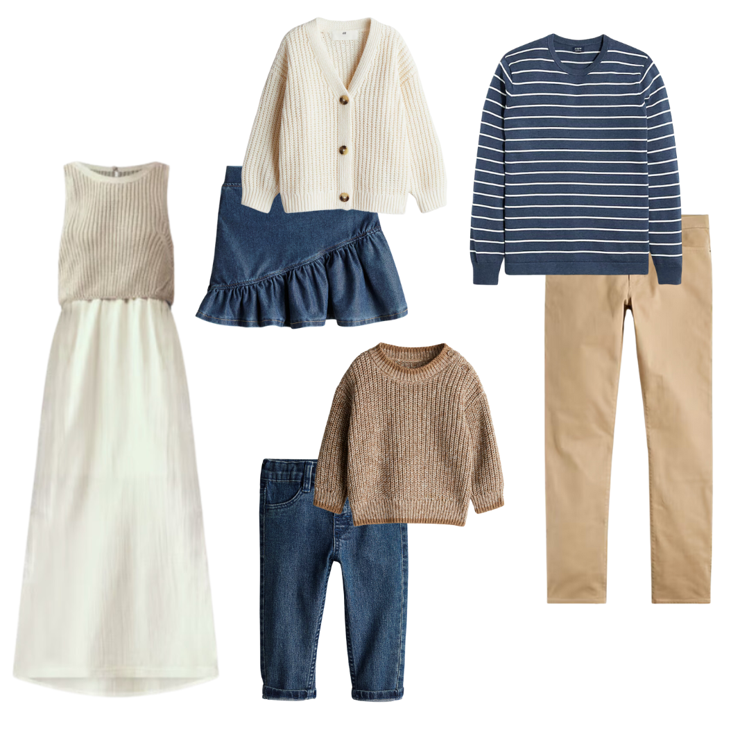 A modern wardrobe collection with knit sweaters, denim, and dresses in cream, navy, and brown tones.