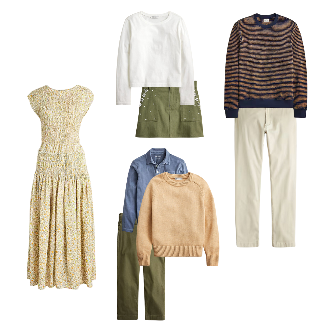 A curated collection of casual clothing items including dresses, sweaters, and pants in neutral earth tones.