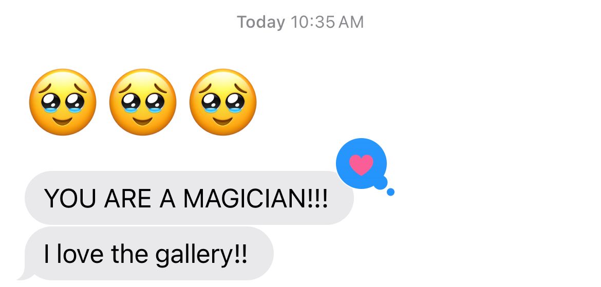 A text message conversation showing three smiling emojis and enthusiastic compliments.
