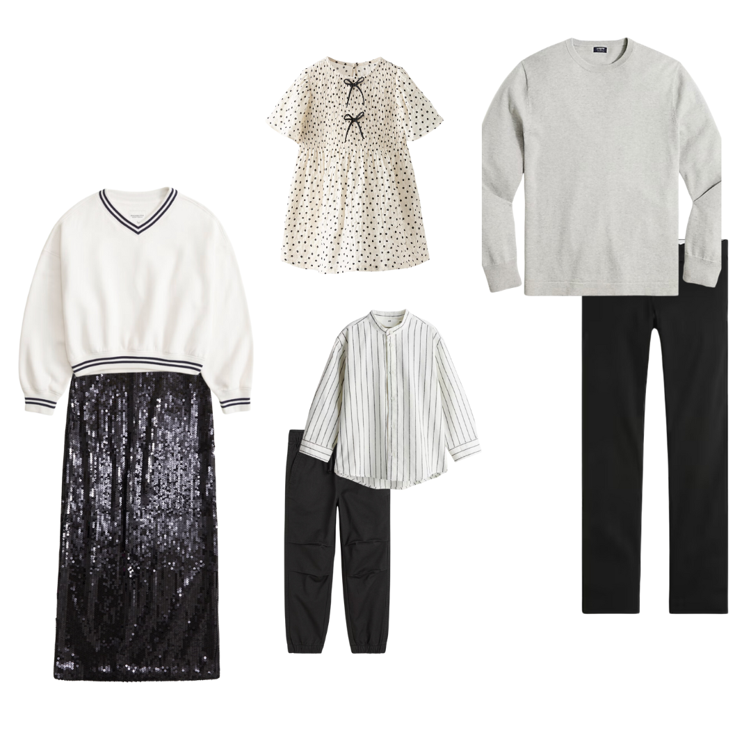 A monochromatic clothing collection featuring white tops, black bottoms, and floral print dresses.
