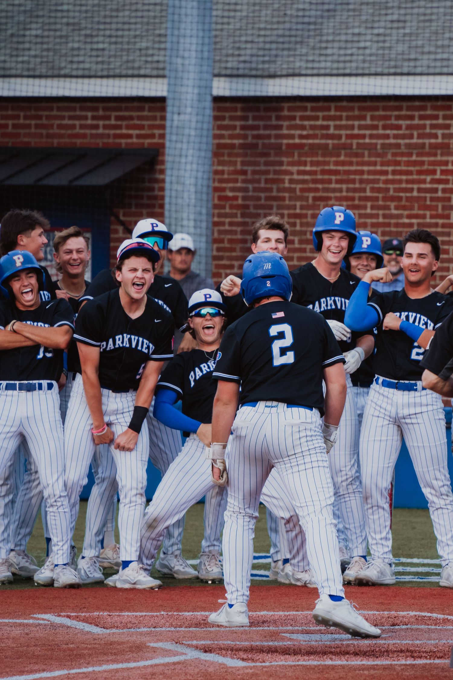 Baseball team celebrating on field wearing pinstripe uniforms and blue caps.