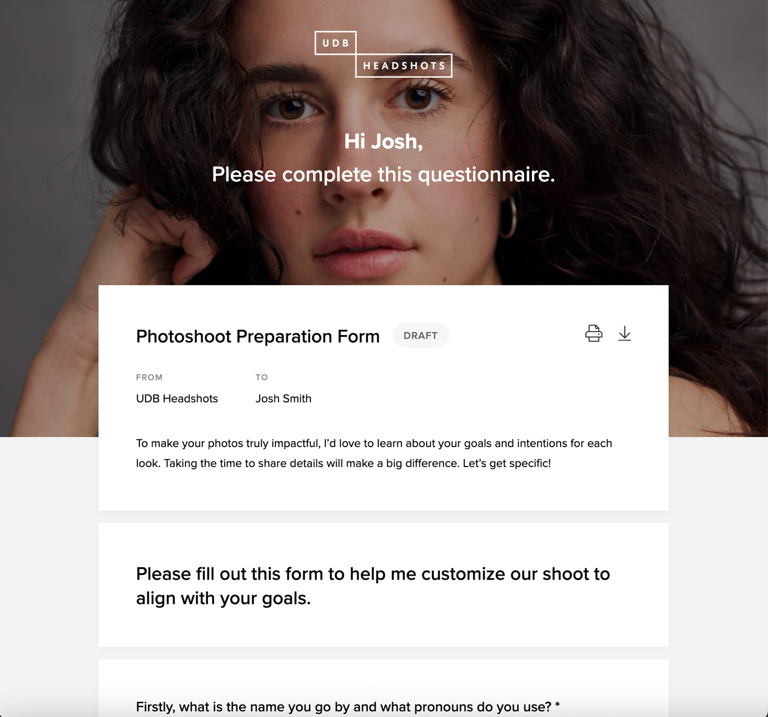 Image of my photoshoot preparation form.