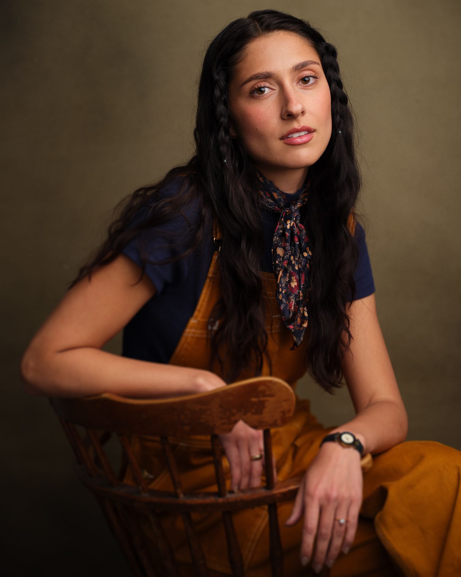 Colorful dramatic portrait of a trendy woman with professionally styled wardrobe.