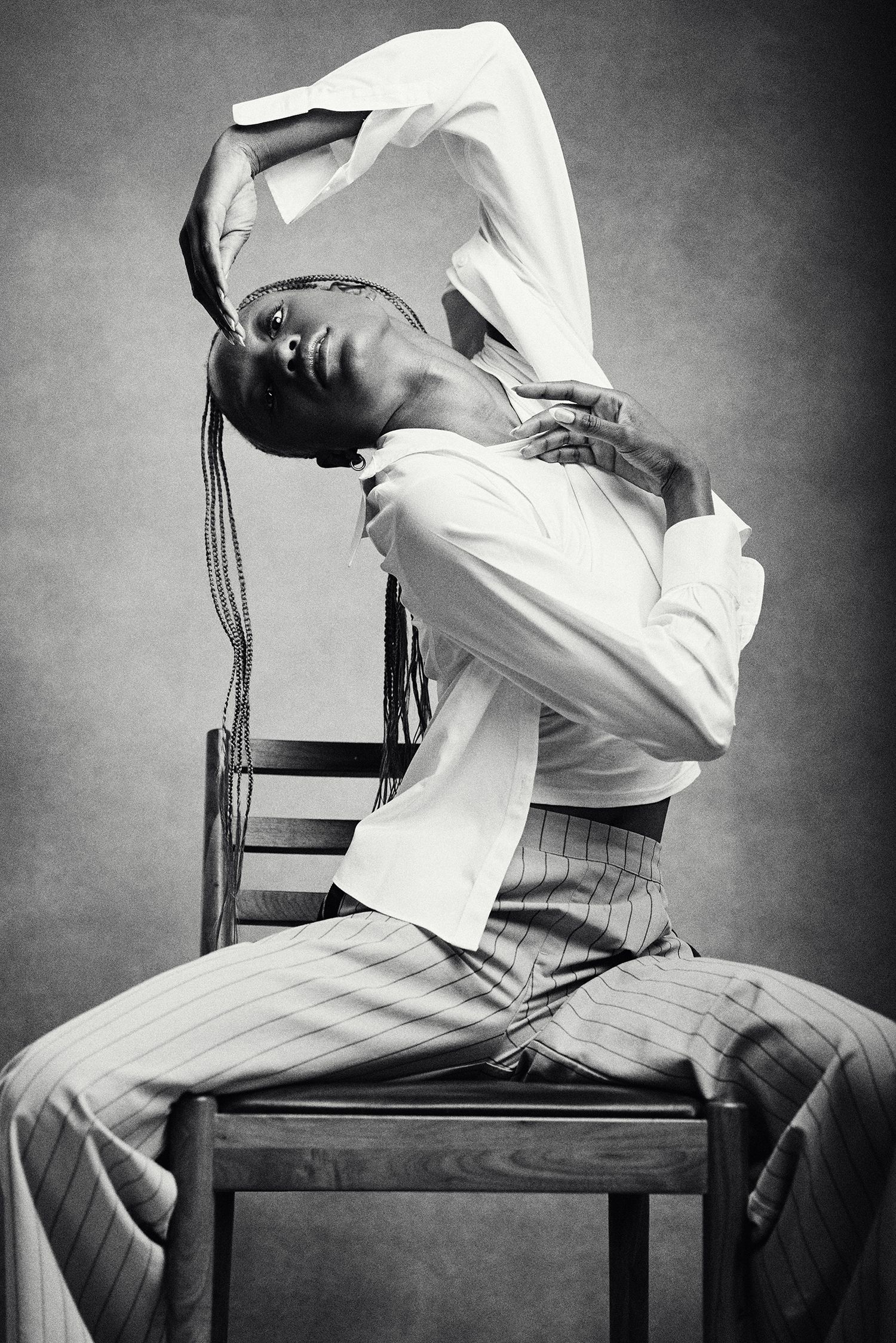 Black and white portrait of a dancer who is a woman of color.