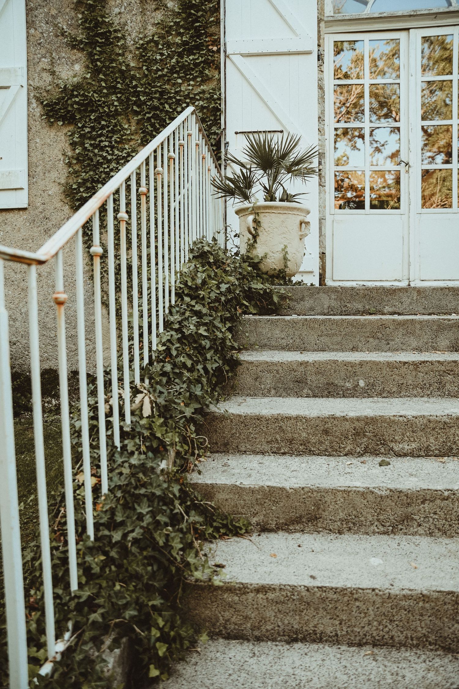 White staircase with metal railing and climbing vines leading to a French door entrance.
