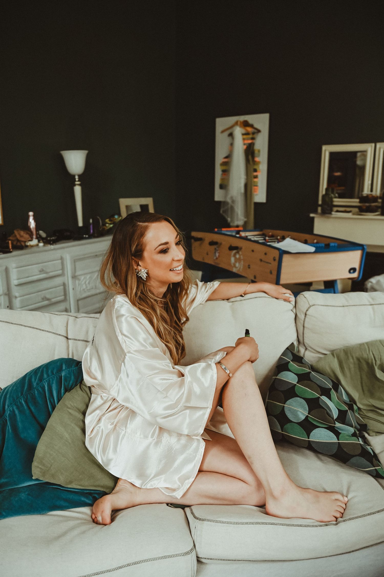 Relaxed morning scene on a cozy couch in natural lighting.