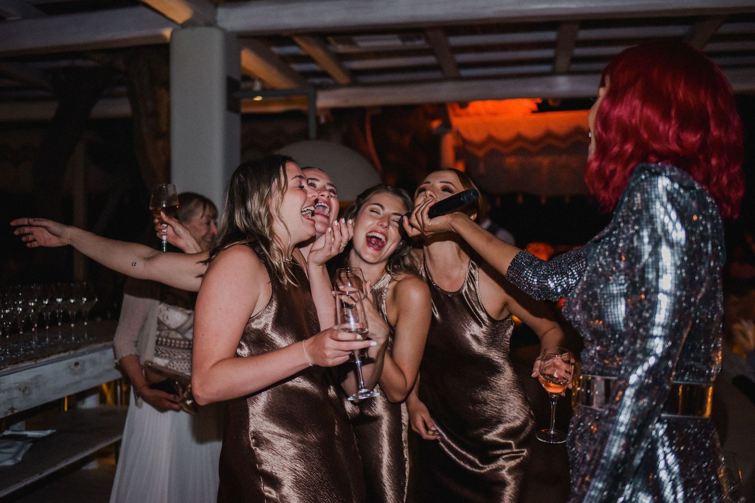 Party guests dance and celebrate with enthusiasm under warm ambient lighting.