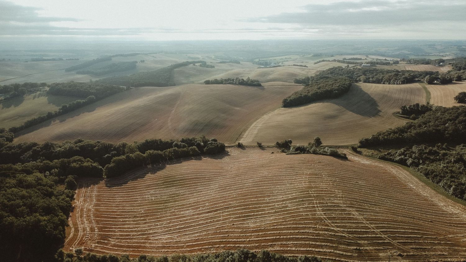 Aerial view of rolling hills with agricultural fields stretching into the distance.