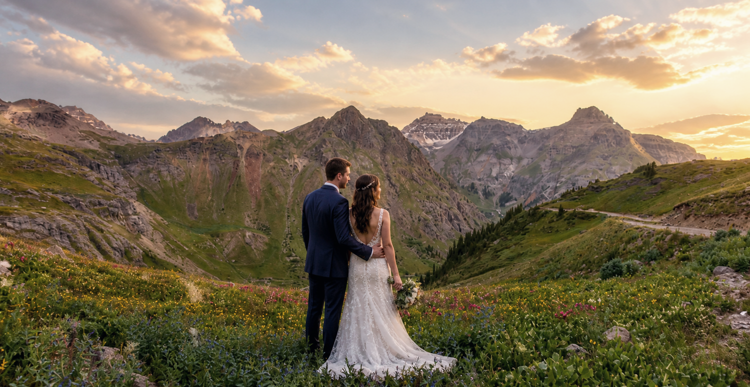 Bride and groom stand hand-in-hand overlooking stunning mountain valley at golden sunset during outdoor elopement wedding ceremony.