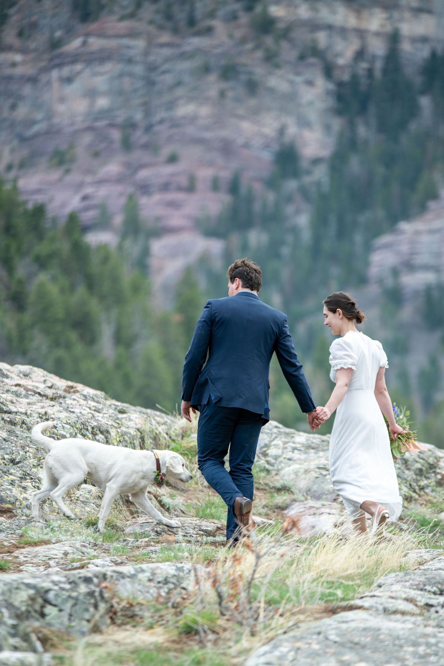 Bride and groom walk hand-in-hand with their white dog through rocky mountain terrain on their elopement day near Ouray.