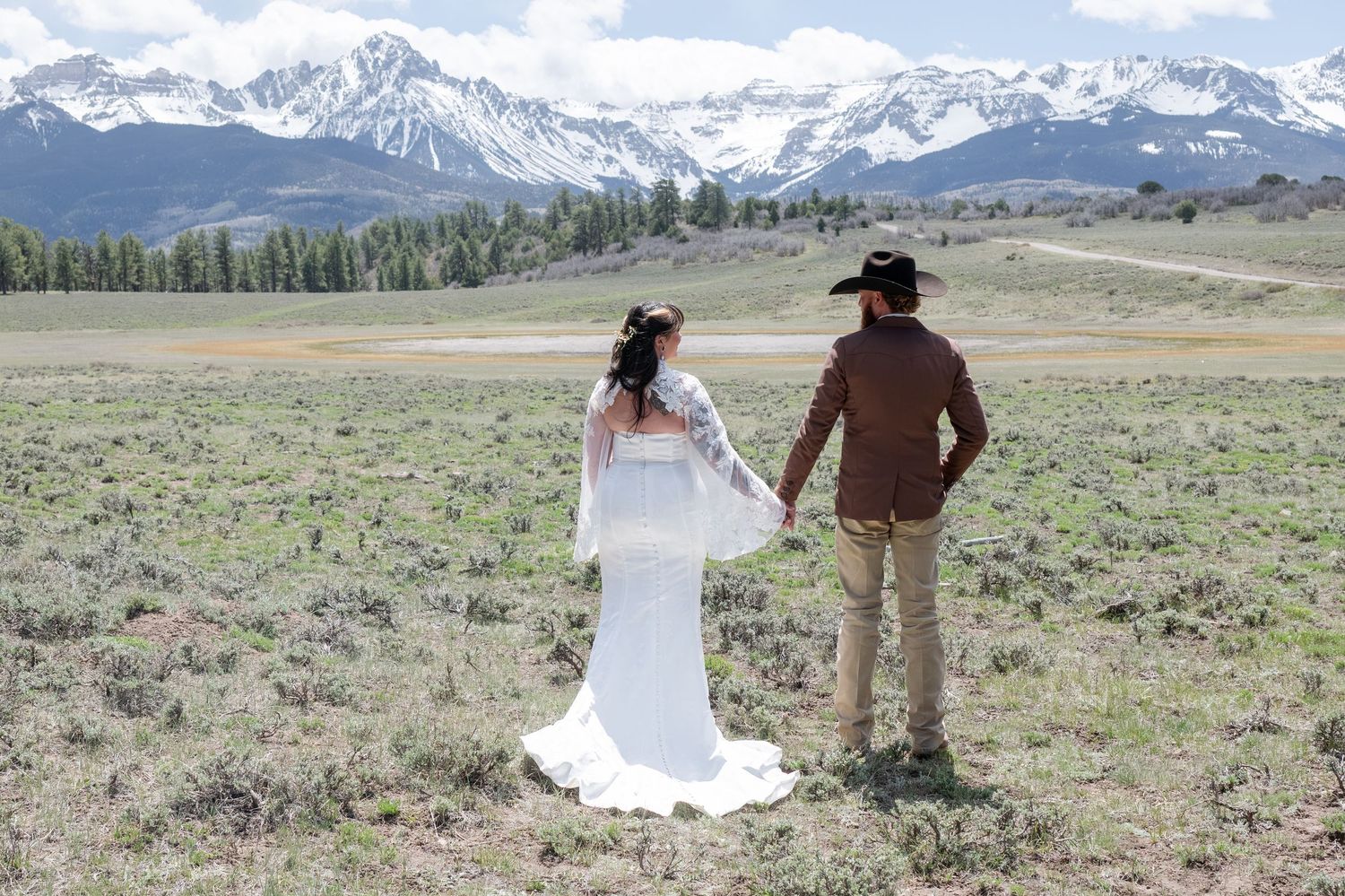 Bride and groom holding hands facing snow-capped mountains in a scenic outdoor wedding in a green meadow.