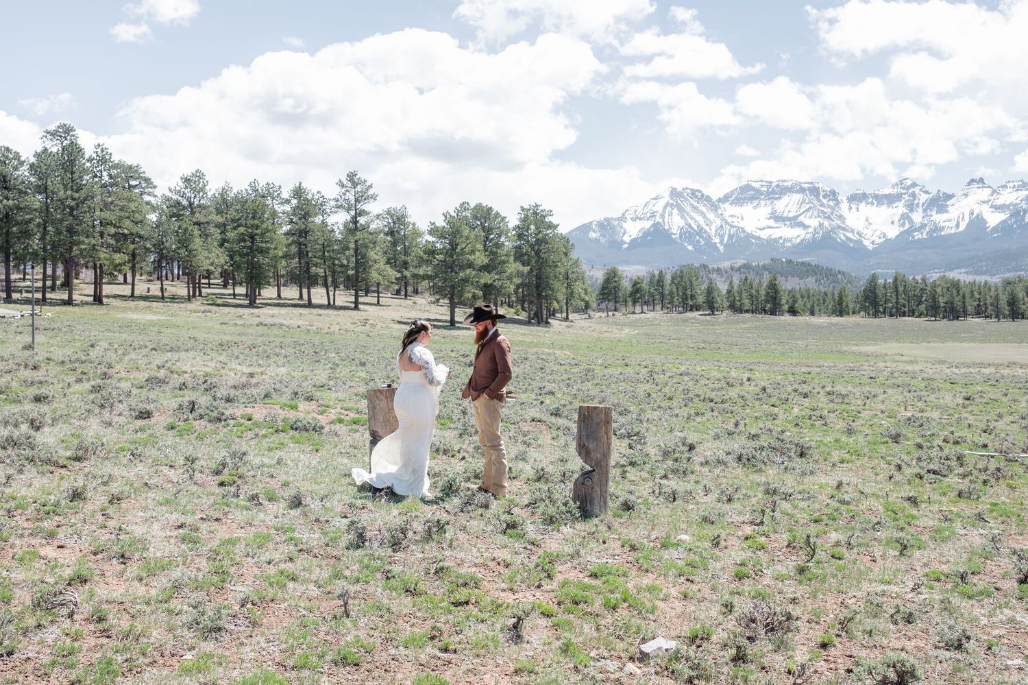 Couple holding hands in a meadow with pine trees and snow-capped mountains in the background on a cloudy day.