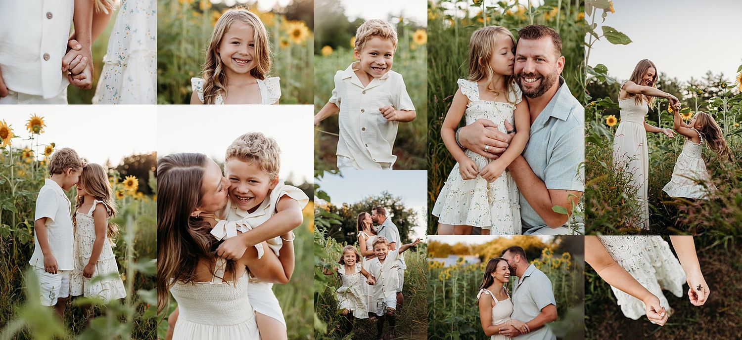 A collection of romantic outdoor wedding photos showing intimate moments between couples in white attire and floral settings.