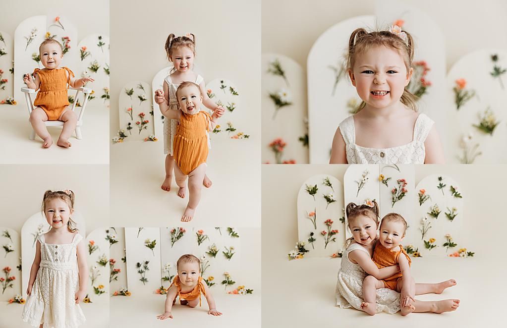 Collage of studio photos with floral wallpaper backdrop showing a baby in white and orange outfits with floating butterflies.