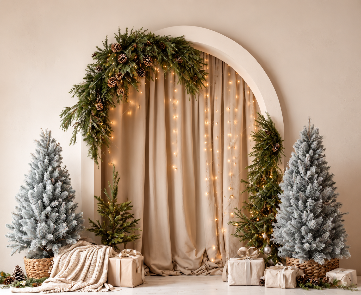 Elegant Christmas backdrop with arched frame, fairy lights, pine garland, frosted trees, and wrapped gifts on beige background.
