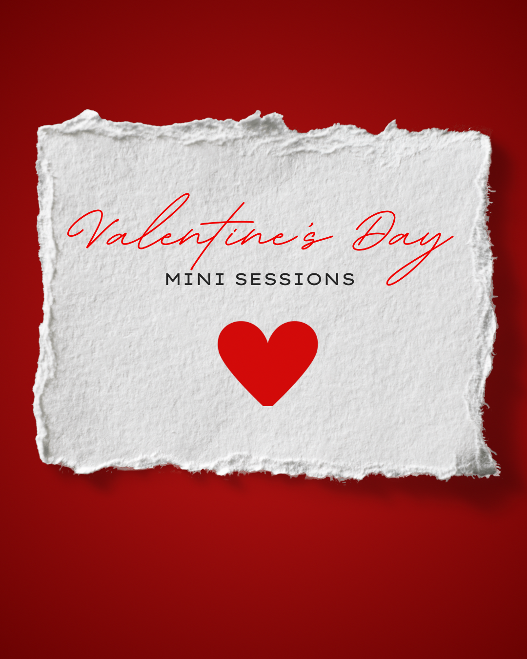 Torn white paper strips with Valentine's Day text and red hearts on a deep red background create a romantic design.