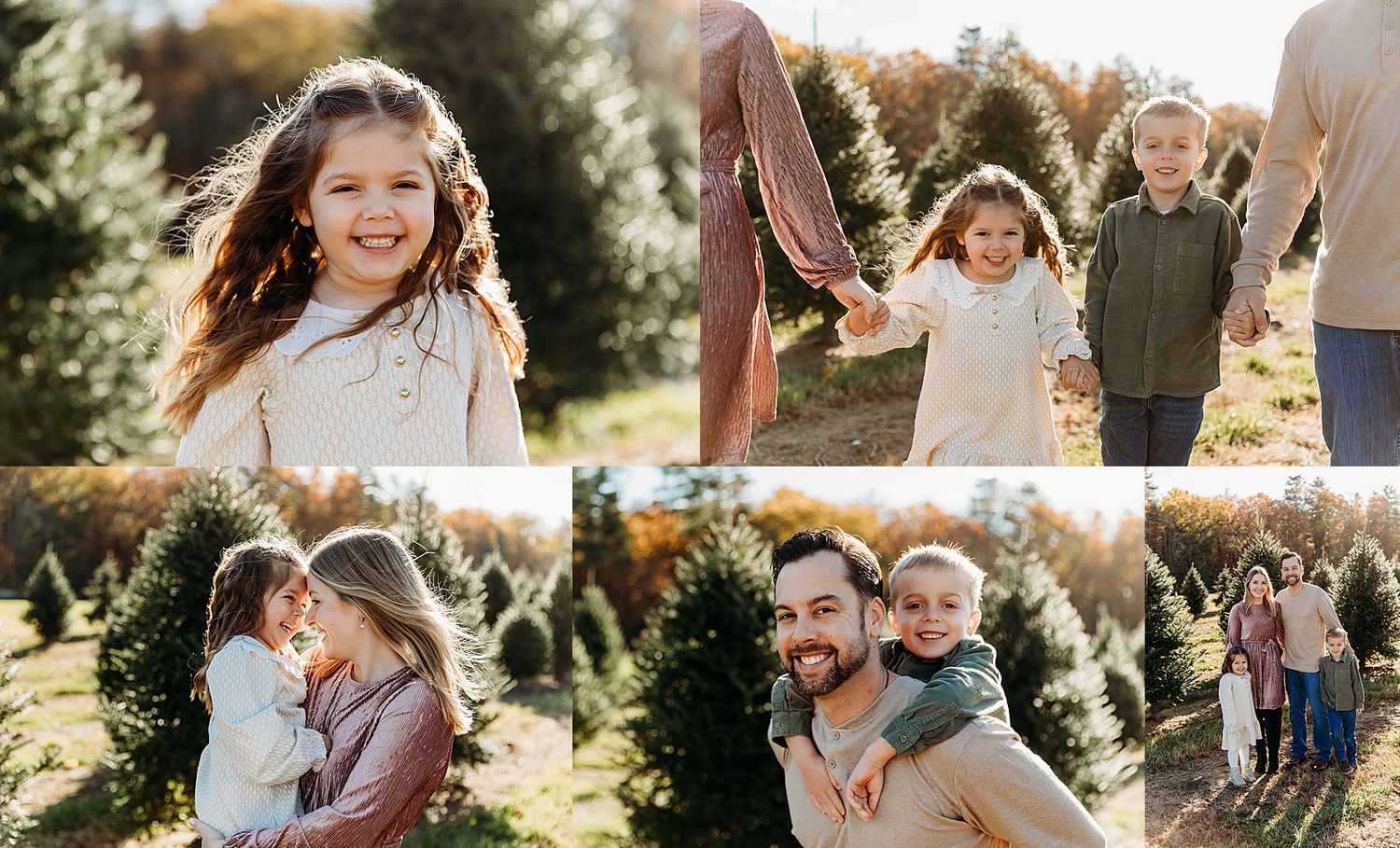 A family plays and laughs together during a golden hour photoshoot in a sunlit outdoor setting.