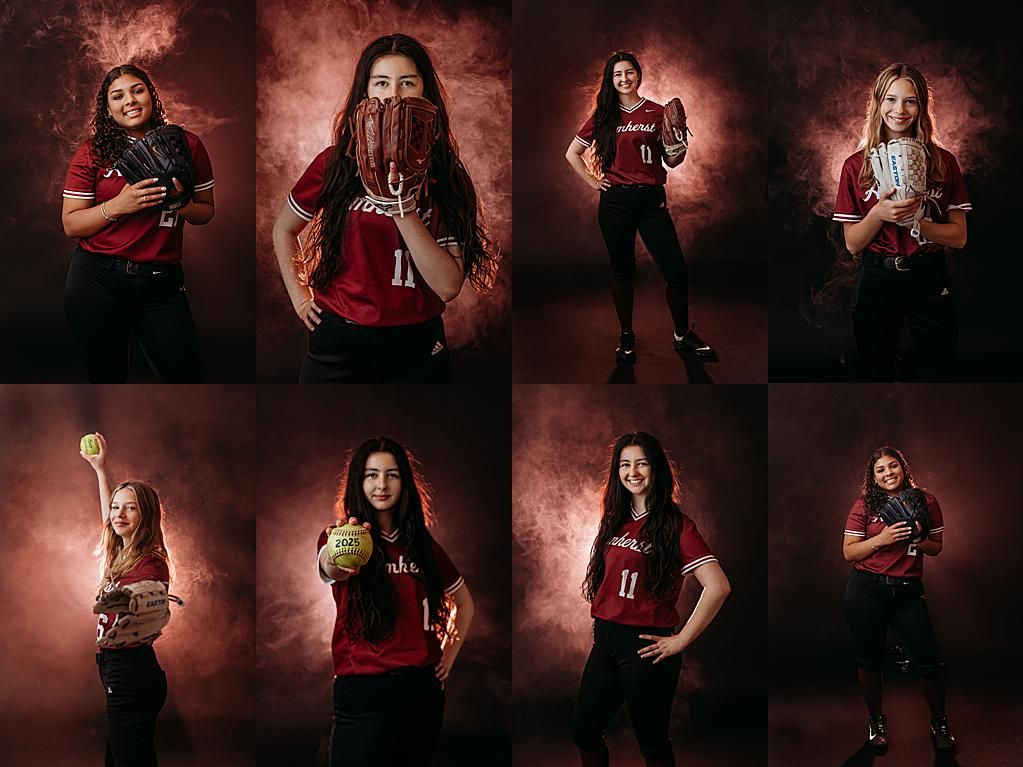 A dramatic photo collage of musicians in red and black attire posing against a moody dark background.