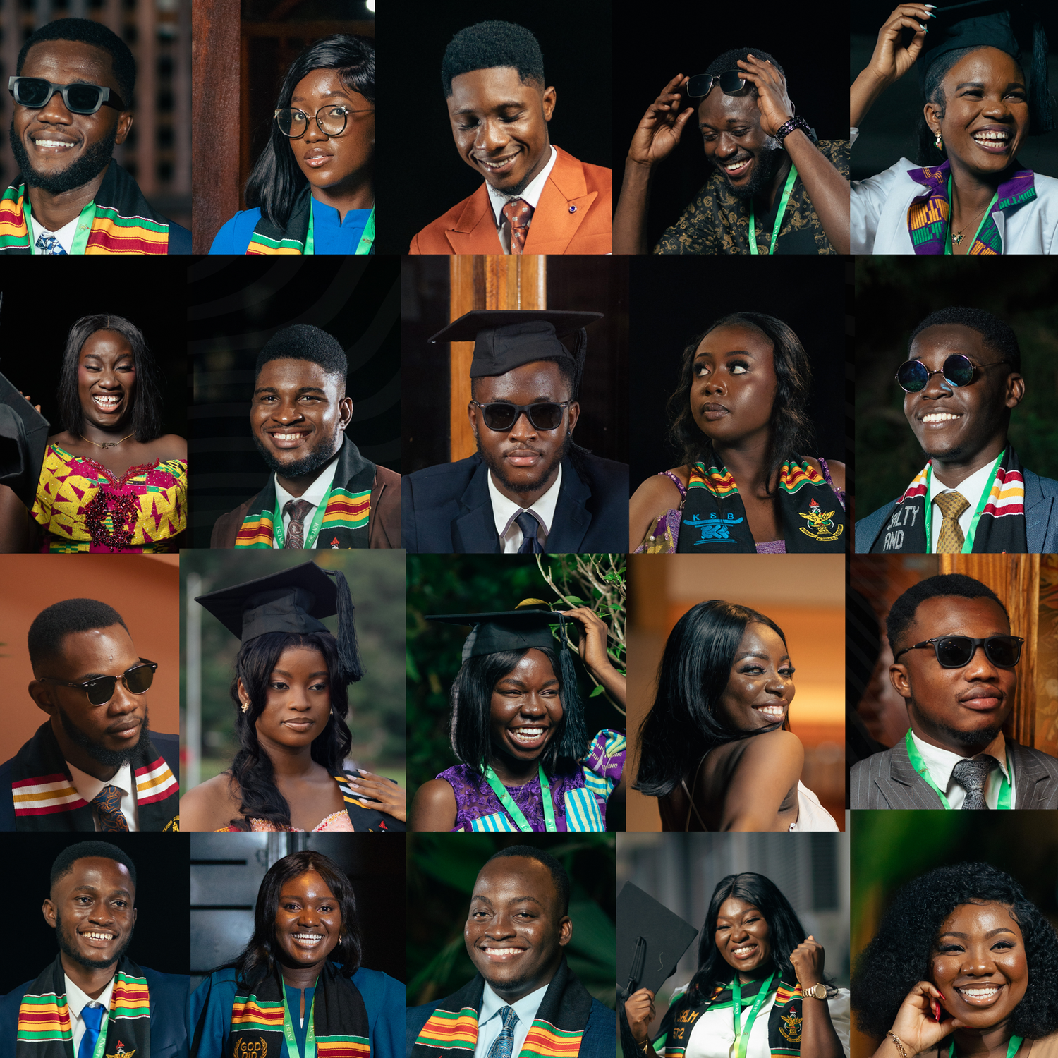 Grid of graduation photos featuring graduates in traditional kente stoles and formal attire.